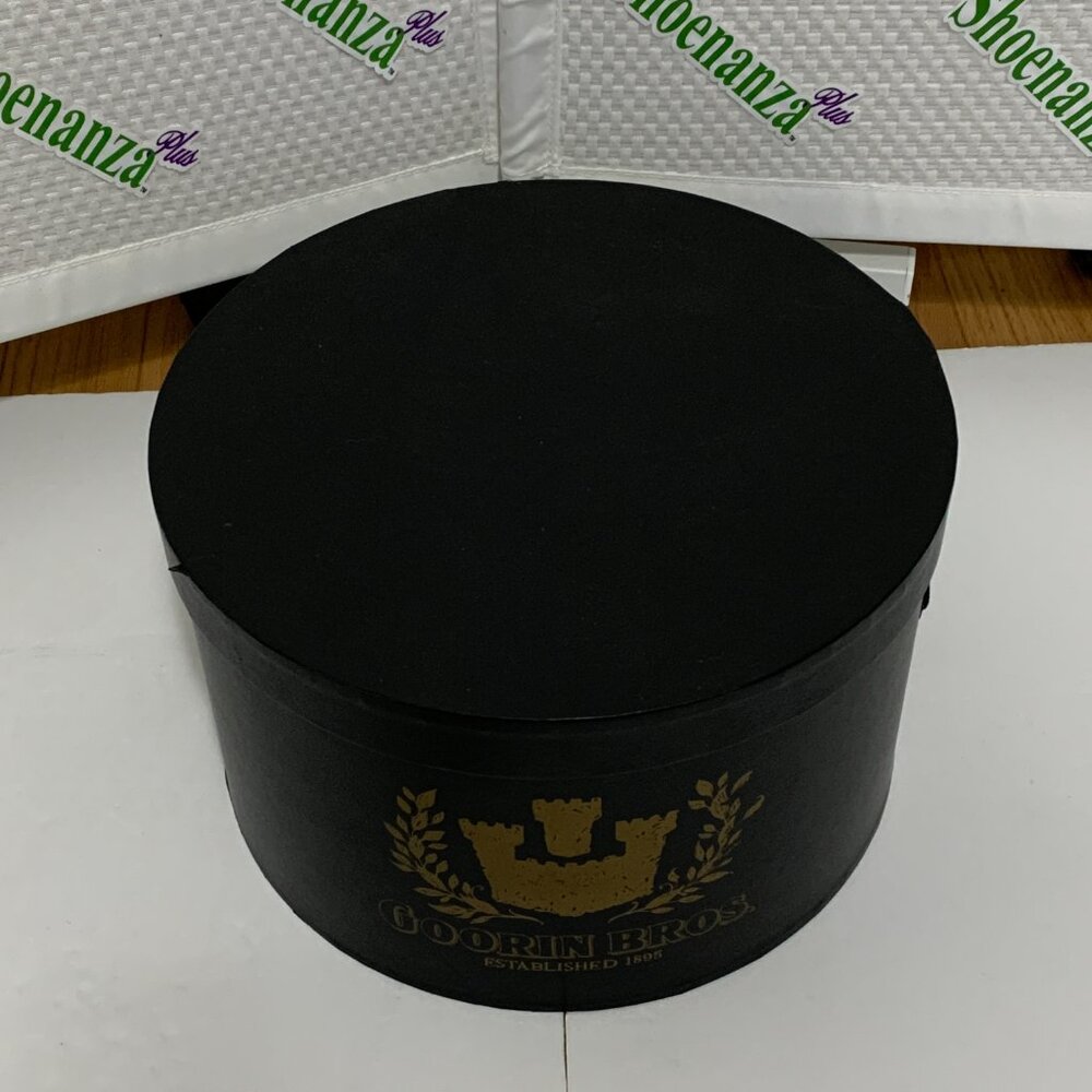 Vintage Goorin Bros Cardboard Hat Box Strap Storage Container Black Gold Logo - Picture 7 of 14